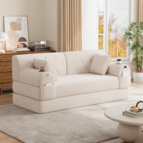 Ball & Cast Folding Sofa Bed 160cm King Size, Convertible Modular Sofa, Corduroy Boneless Couch with Metal Frame, 2 Seater Floor Futon Mattress, Non Slip Base, Washable Cover,Beige
