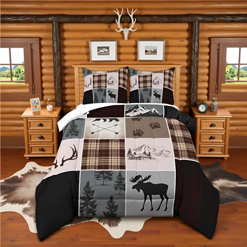 Hunting Camper Comforter Set Queen Size Bear Elk Arrow Wild Animals Bedding Set Kids Boys Teens Women Rustic Farmhouse Cabin Home Decor 3pcs,Retro Geometric Stripes Plaid Duvet Insert,Brown Grey