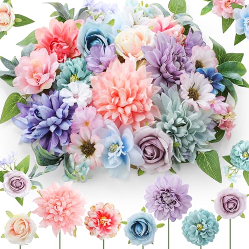 Janinka 100 Pcs Assorted Fake Flower Heads with Long Stem Mini Artificial Flower Bulk Mix Silk Faux Daisy for Crafts Fake Peony Rose for DIY Wedding Party Wreath Home Decoration (Blue Purple Pink)