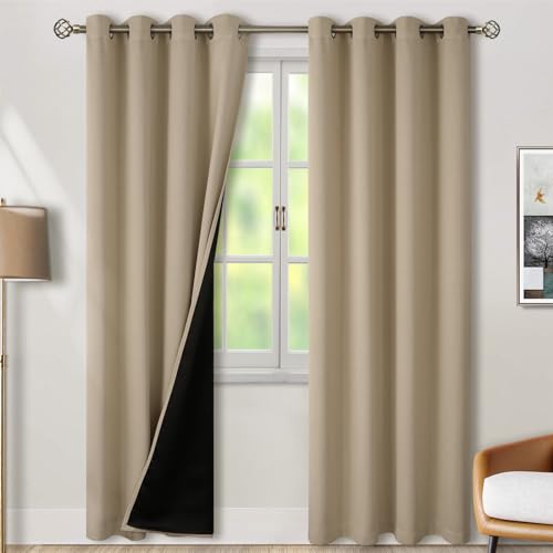 BGment Thermal Insulated 100% Blackout Curtains for Bedroom with Black Liner, Double Layer Full Room Darkening Noise Reducing Grommet Curtain (52 x 84 Inch, Sand, 2 Panels)