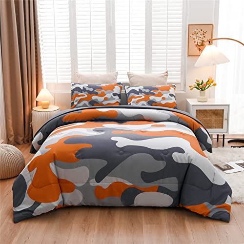 Meeting Story Kids Camo Bedding Set, Army Camouflage Bedding Twin Comforter Set for Boys Girls Teens Bedroom Decoration, 3Pcs (Orange, Twin 5Pcs)