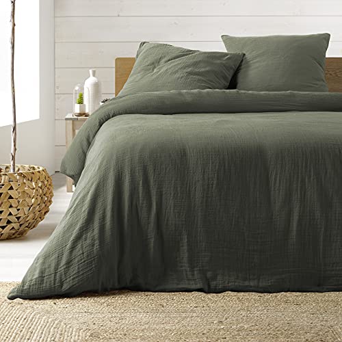 Douceur d'Intérieur, Angelia Khaki 3-Piece Bed Linen Set (260 x 240 cm), 1 Side Cotton and 1 Side Cotton Gauze