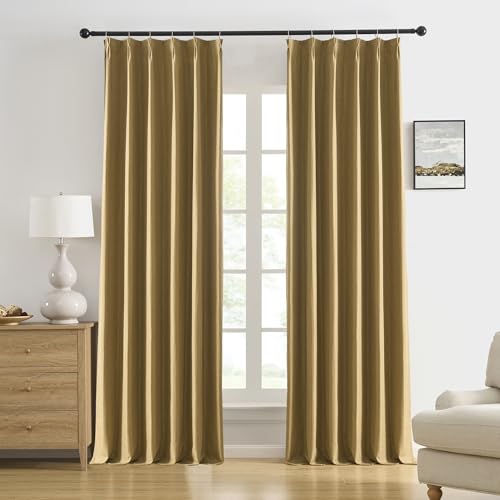 DUALIFE Gold Tan Pinch Pleated Blackout Curtains 132 Inches Long, Back Tab with Hooks, Linen Full Black Out Thermal Insulated Track Curtain for Bedroom Living Room,40 W x 132 L, 2 Panels