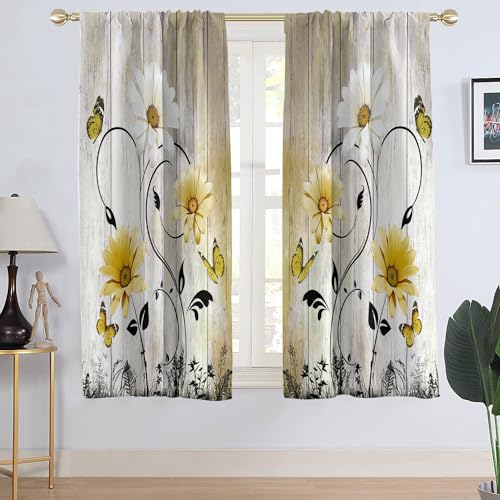 "AAtter Yellow Floral Window Curtains for Bedroom, 42"" W x 63"" L Rod Pocket Polyester Fabric Drapes with Sunflower and White Daisy Butterfly Pattern Farmhouse Decor"