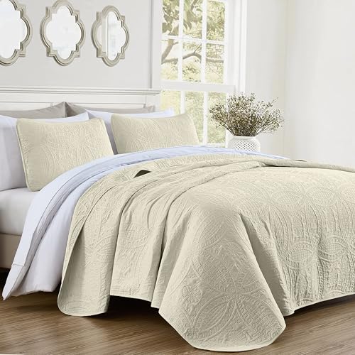 Chezmoi Collection 3 Piece Oversized Bedspread Coverlet Set, Ivory, Queen