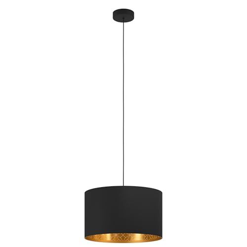 EGLO Pendant lighting Zaragoza, ceiling light fitting, hanging lamp for dining and living room, fabric shade in black and gold with geometric pattern, E27 socket, Ø 15 in