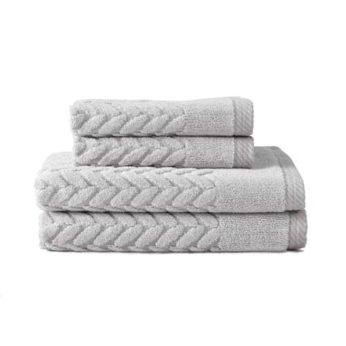 Texere 100% Organic Cotton Cable Jacquard 650 GSM Luxury Towel Sets - Ultra Soft and Absorbent Hotel and Spa Quality (Cable, Light Taupe, 2 Hand & 2 Wash Towels)