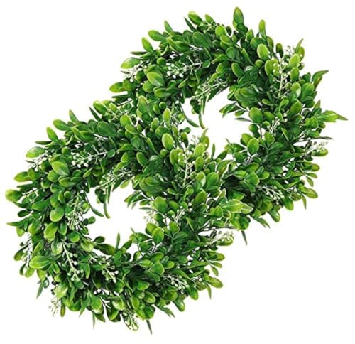 LSKYTOP 2 Pack Artificial Boxwood Wreath Round Green Leaves Door Wall Window Decoration,11Inch/PC