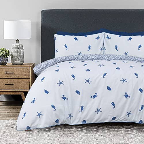 Sleepdown Sea Shore Nautical Waves White Blue Reversible Duvet Cover Quilt Pillow Cases Bedding Set Pipe Edge Soft Easy Care - King (230cm x 220cm)