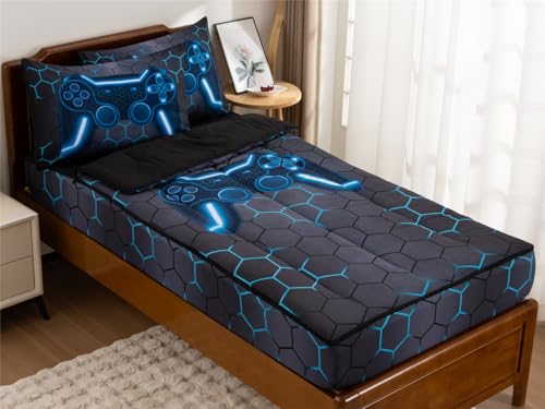 NTBED Gamer Printed Zipper Bedding Sets Twin Lightweight Microfiber Geometric Comforter Set with Fitted Sheet Pillow Covers,Blue