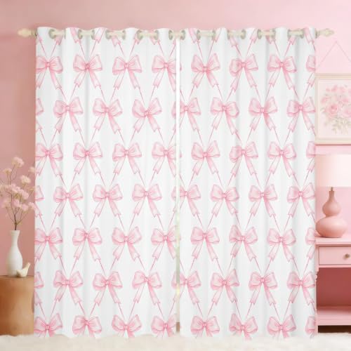 Feelyou Bow 30%-50% Room Darkening Blackout Curtain Boys Girls (2 Panels, 52 x 96 Inch) Pink Girls Bow Curtains for Bedroom Living Room Cute Bowknot Blackout Curtains Kawaii Window Treatments