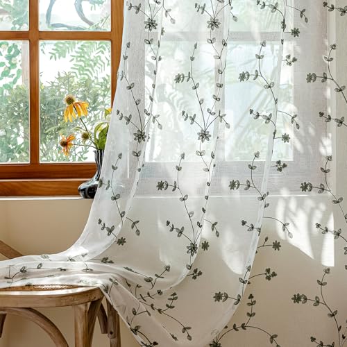 AmHoo 2 Panels Leaf Flora Embroidered Farmhouse Semi Sheer Curtain Voile Curtains for Living Room Bedroom Window Treatment White Sage Green 53 x 96 Inch