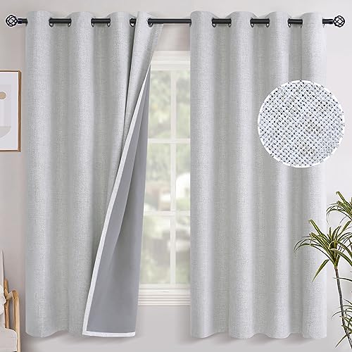 YoungsTex Linen Textured Blackout Curtains for Bedroom, Full Room Darkening Linen Window Curtain Drapes with Thermal Insulated Liner for Farmhouse Grommet, 2 Panels, 52 X 63 Inch, Birch