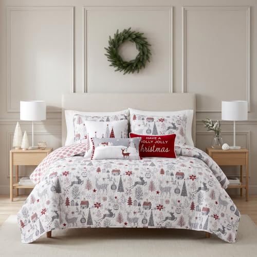 Southshore Fine Living, Inc., Holly Jolly Christmas Holiday Soft Bedding Set 5-Piece Oversized Quilt Set with Throw Pillows and Shams, Twin/Twin XL