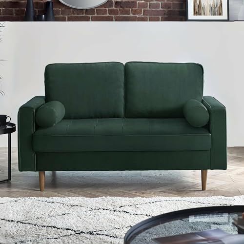 Julian Bowen Henley 2 Seater Sofa - Green Couch in Green Velvet Effect with Brown Legs, Loveseat Settee for Living Room, Compact for Small Spaces & Living Rooms - W152 x D89cm