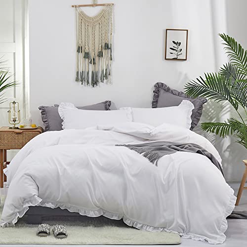 CLOTHKNOW White Ruffle Twin/Twin XL Comforter Set 3Pcs Farmhouse Bedding Comforter Sets Shabby Chic Vintage Rustic Comforter with 2 x Pillowcases