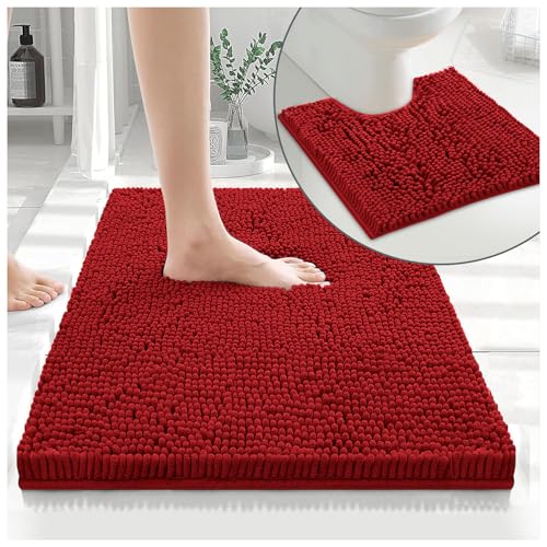 GC GAVENO CAVAILIA Soft Bath Mat Sets For Bathroom - 2 Piece Bath Mat Non Slip Back - Highly Water Absorbent & Fast Drying 100% Microfiber Chenille Toilet Rug with Pedestal Mat - Deep Red