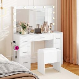 RELAX4LIFE Dressing Table with 3-Colour LED Adjustable Brightness, Makeup Vanity Desk with Power Outlet, Storage Stool, Cosmetic Bedroom Dresser Make Up Desk Stool (7 Drawers)