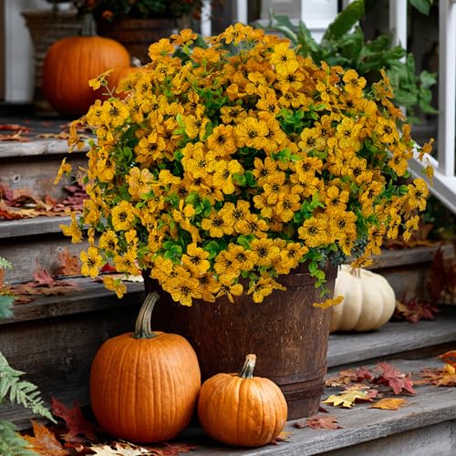 AXYLEX Artificial Flowers for Outdoors Fake Plants - 16 Bundles Faux Outside Greenery Boxwood No Fade Plastic Shrubs Fall Decor Farmhouse Home Garden Thanksgiving Mums (Yellow)