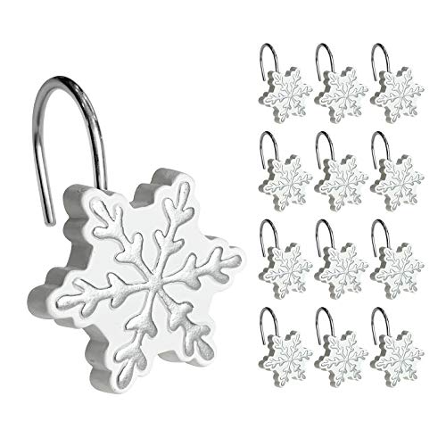 Sunlit Christmas Shower Curtain Hooks Silver Snowflakes Shower Curtain Rings, Resin, White Christmas Decor, Winter Bathroom Decoration - 12 Pack