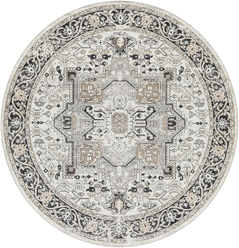 Livabliss Liana Kerzaz Machine Washable Floor Covering 200x200 cm – Vintage Boho Style for Living Room, Dining, Kitchen & Hallway, Easy Care, Black, Beige & Taupe