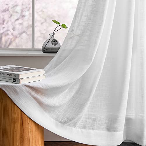 Melodieux White Linen Textured Semi Sheer Curtains 63 Inch Length for Bedroom Living Room Natural Flax Linen Rod Pocket Voile Drapes, 52 by 63 Inch (2 Panels)