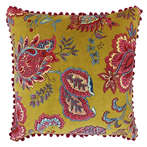 "Riva Paoletti Malisa Square Feather Filled Cushion Yellow-Paisley Indian Print-Faux Velvet Fabric-Pink Pompom Edges-Machine Washable-100 (20"" x 20"" inches), Cotton, Lemon Curry, 50 x 50cm"