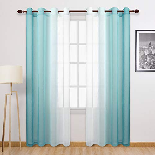 DWCN Ombre Sheer Curtains - Faux Linen Gradient Semi Voile Grommet Top Bedroom and Living Room Curtains, Set of 2 Window Curtain Panels, 52 x 90 Inches Long, Teal