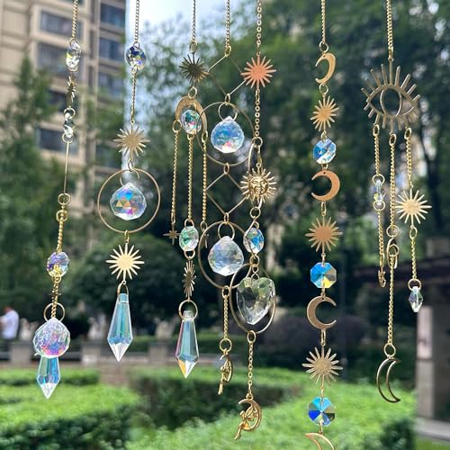 6pcs Crystal Suncatchers, Window Sun Catcher with Chain, Garden Rainbow Maker Hanging Wind Chime Crystal Prisms Ornament for Wedding, Party, Bedroom Decor