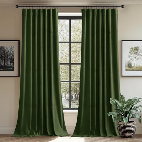 StangH 62 inches Wide Moss Green Velvet Thermal Curtains, 2 Panels - Noise Dampening Bedroom Window Drapes, 300GSM Soft Velvet, Christmas Holiday Decor, Thermal Insulated, Sliding Door, Gifts