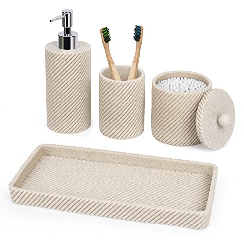 Bathroom Accessories Set 4Pcs-Lotion Soap Dispenser,Toothbrush Holder,Qtip Holder Dispenser,Vanity Tray for Decor Bathroom Countertop,Vanity Organizer-Beige