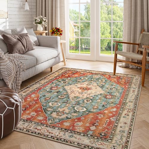 Lahome Boho Tribal Area Rug - 5x7 Large Washable Living Bedroom Rug Distressed Oriental Non-Slip Non-Shedding Print Floor Carpet for Dining Room Home,Rust/Dull Teal
