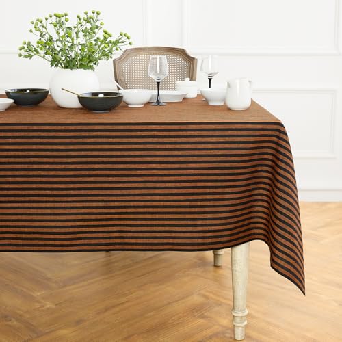 Solino Home 100% Linen Tablecloth, 60 x 90 in, Pumpkin and Black Striped - Amalfi Stripe, a crisp cover for everyday and festive dining, woven stripe, European flax fibres, soft, OEKO-TEX Certified