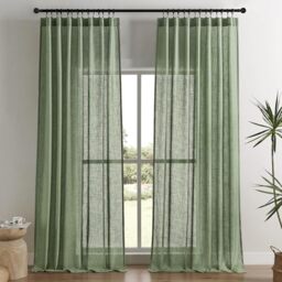 Joydeco Olive Green Linen Curtains for Living Room 90 Inch Length 2 Panels Set,Semi-Sheer Curtains 90 Inches Long,Pinch Pleated Long Window Treatments Curtain & Drapes(W52 x L90 Inch, Loden)