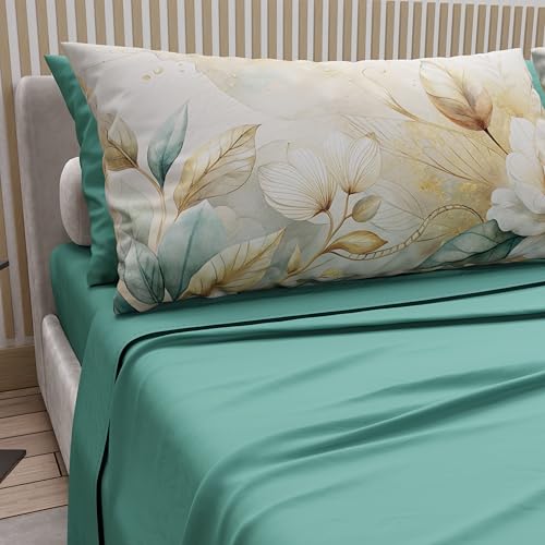 PETTI Artigiani Italiani - Cotton Sheets with Pillowcases in Digital Print, French Double Sheet, 154 Teal Floral Print Bed Set, 100% Made in Italy