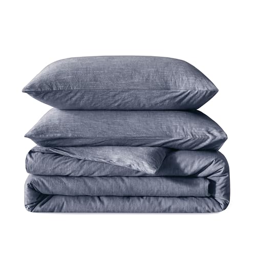 BFS HOME Linen Duvet Cover King Size - Soft Breathable Cotton Linen Blend, 3-Pieces Bedding Set with 2 Pillowcases, Stonewashed Texture, Navy, All-Season Comfort