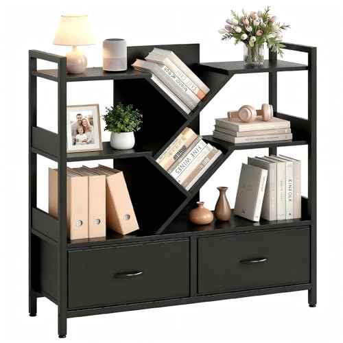 IRONCK Bookcase, Bookshelf with 2 Drawers, Storage Shelf with Wheels, Freestanding Shelf Metal Frame, Cube Shelf Unit for Living Room, Bedroom, Study Room, Office, 100x32x100cm (Black)