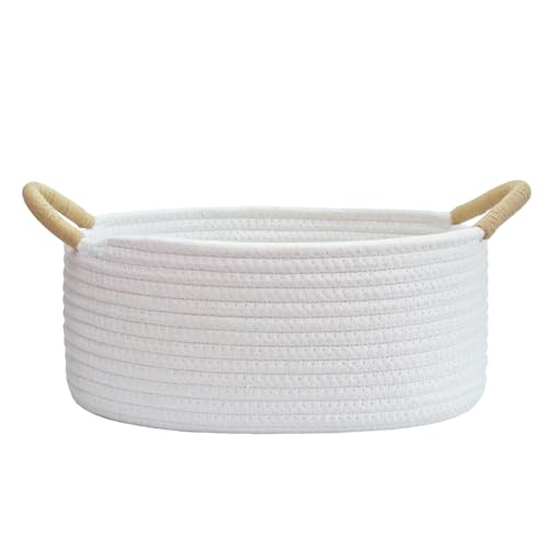 "Yimi's Dream Gift Baskets Empty, Small Basket for Organizing, White Cotton Rope Basket with Handle for Decor, Baby Cat Dog Toy (Oval, 12""x 8""x 5"")"