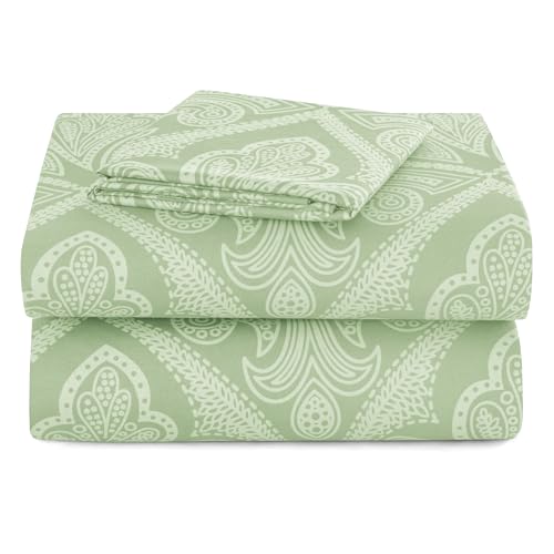 Hannah Linen Paisley Twin Sheet Set, 3 PC Soft Microfiber Wrinkle Free Sheets - Luxurious Printed Bed Sheets Includes Flat Sheet, Fitted Sheet with Deep Pockets, & Pillowcase - Sage