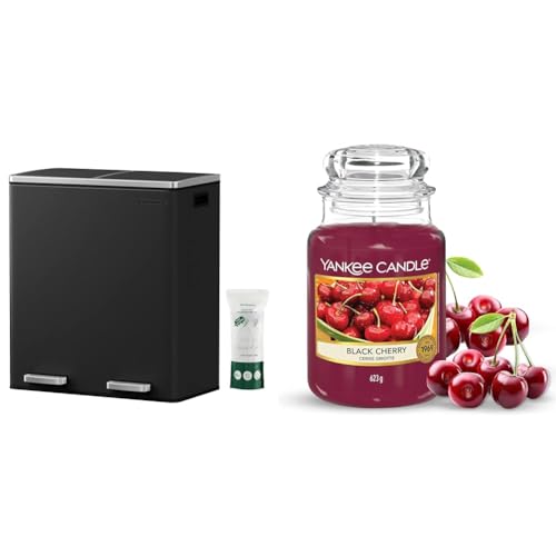 SONGMICS Double Rubbish Bin, 2 x 30L Waste and Recycling Kitchen Bin with 15 Rubbish Bags, Airtight, Black LTB60BK & Yankee Candle Scented Candle - Black Cherry Large Jar Candle