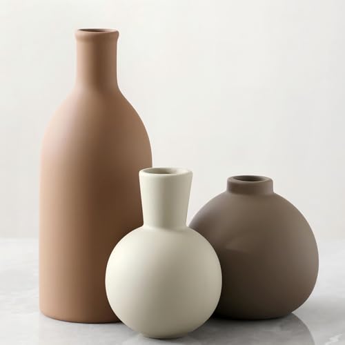 Vase Set of 3 - Ceramic Neutral Vases Home Decor - Rustic Flower Pottery Vases Modern Farmhouse Vase for Table Entryway Mantel Centerpiece Bookshelf Living Room Bathroom Bedroom -Brown Large