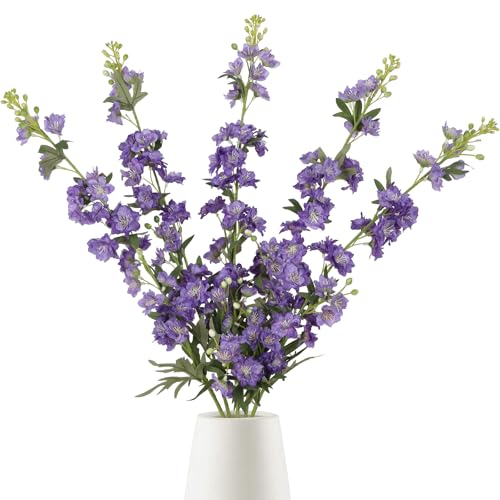 "IPOPU Purple Delphinium Artificial Flowers 5PCS Silk Flowers with Stems 28.3"" Realistic Larkspur Faux Delphinium for Wedding Centerpieces Home Tables Party Decor (Purple)"