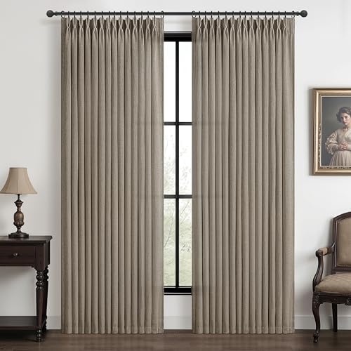 Pinch Pleated Light Filtering 70 Inch Extra Wide Curtains 108 Inches Long for Bedroom, Dark Brown Memory Shape Privacy Semi Sheer Thick Linen Farmhouse Ceiling Windows Curtain 9 FT Length 2 Panels Set