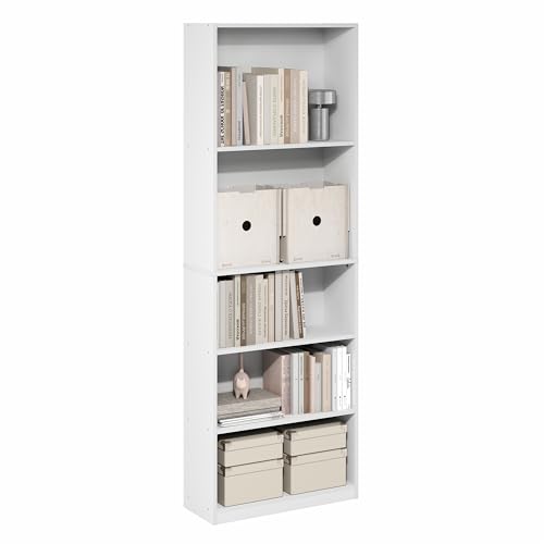 Furinno JAYA Book Shelf, 5-Tier Bookshelf with Open Storage Shelf, Standing Bookcase, 24.13 x 62.5 x 180.6cm, for Home Office, Living Room, Bedroom, White