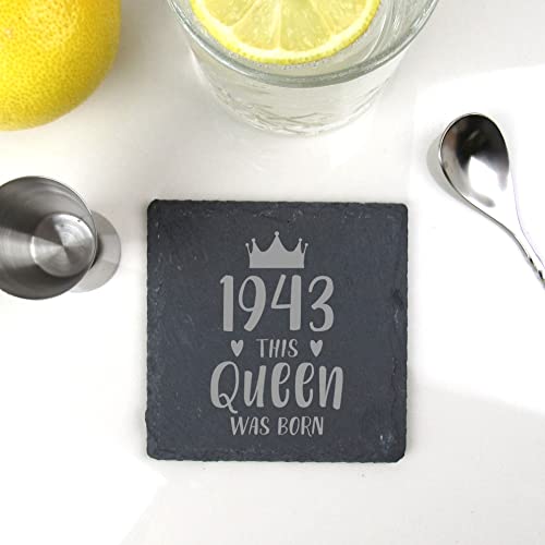 eBuyGB Engraved Square Slate Coaster -1943 This Queen was Born Design - 80th Birthday Gifts for Women, Her - Eightieth Birthday Gift for Grandma, Mum, Sister, Auntie - Drinks Mat, Placemat