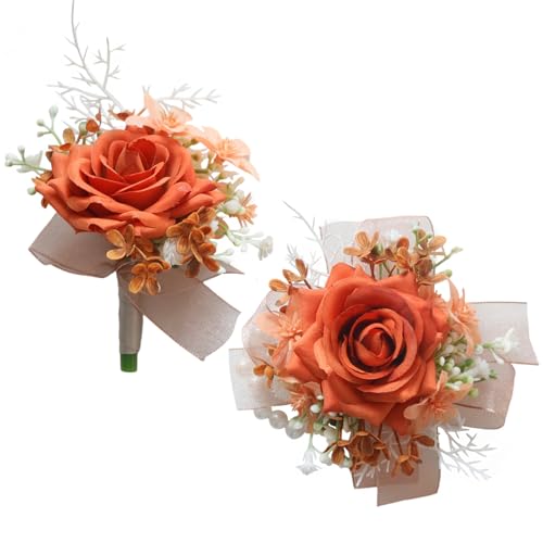 MAFELOE 2Pcs of Corsage and Boutonniere Set, Artificial Flowers Accessories Suit Decor for Wedding Prom Party Homecoming Ceremony Anniversary -Dark Orange