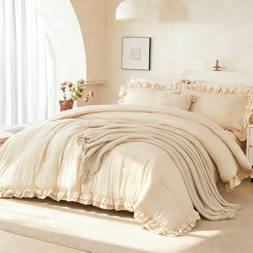 PERFEMET Full Size Ruffled Comforter Set Beige 5 Pieces Ruffle Bedding Set Boho Comforter All Season Soft Microfiber Shabby Chic Bed in A Bag Women Men (Beige, Full)