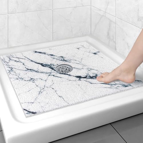 Square Shower Mat Non Slip: 27x27 Inch Shower Floor Mat with Drain Hole in Middle, Super Soft and Comfortable PVC Loofah Massage Bath Mat for Shower, Anti Slip Shower Stall Mat, Quick Drying