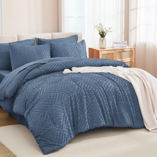 Andency California King Comforter Set 7 Pieces, Ocean Blue - Bed in a Bag Cal King, Soft Lightweight Fluffy Polyester, Boho Tufted Reversible Bedding Comforter Set with Sheets All Season