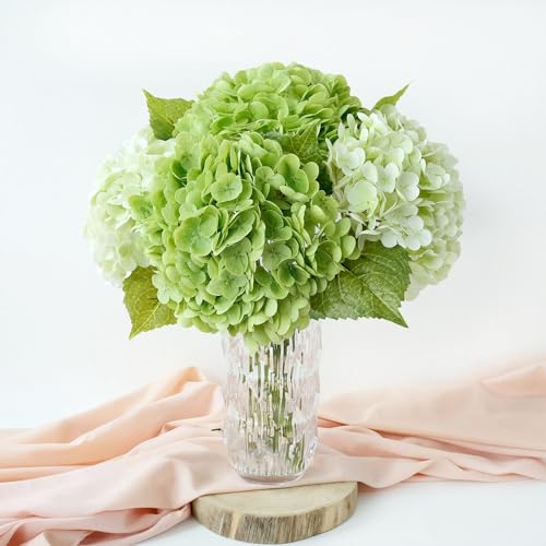"4 Pcs Real Touch Hydrangeas Artificial Flowers, Light Green &Dark Green Fake Hydrangea Flowers, 21"" Latex Faux Hydrangea Flowers for Kitchen Porch Living Room Home Decor Wedding Table Centerpiece"